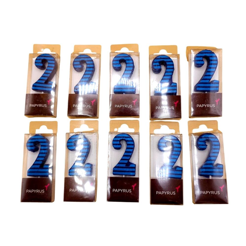(10) Premium Papyrus Number 2 Candles Set of 10 Blue Stripes 1.875" Tall Cupcake